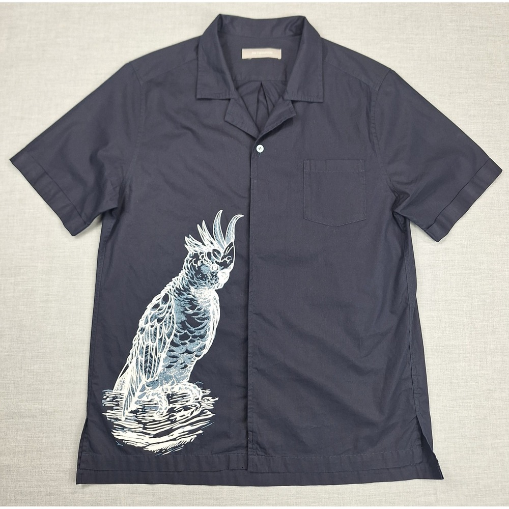 Jim Thompson Mens Navy Blue Cockatoo Graphic Cotton Silk Trim Shirt Size M